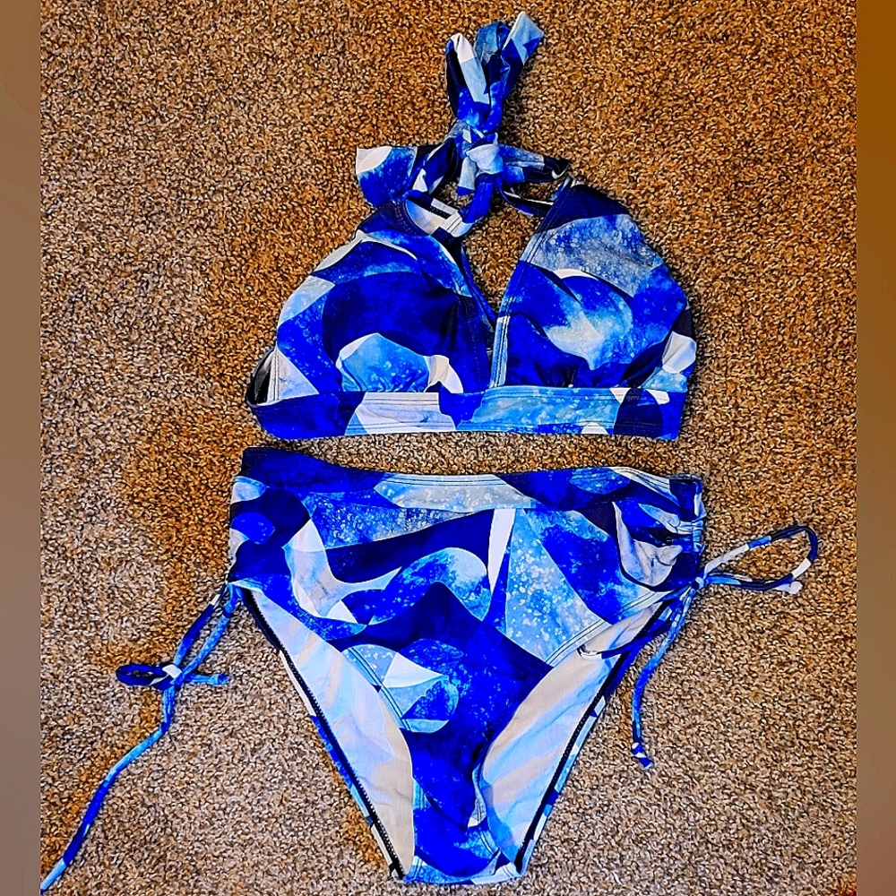 Blue and White Camouflage Bikini with Halter Top and Side Ties Swim Wear